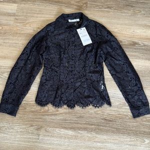 Zara black lace blouse, long sleeves with buttons, and high neck Size XS